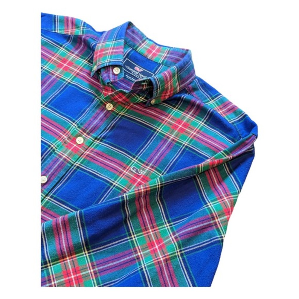 VINEYARD VINES MENS BLUE GREEN‎ RED FLANNEL BUTTON DOWN WHALE SHIRT SIZE LARGE